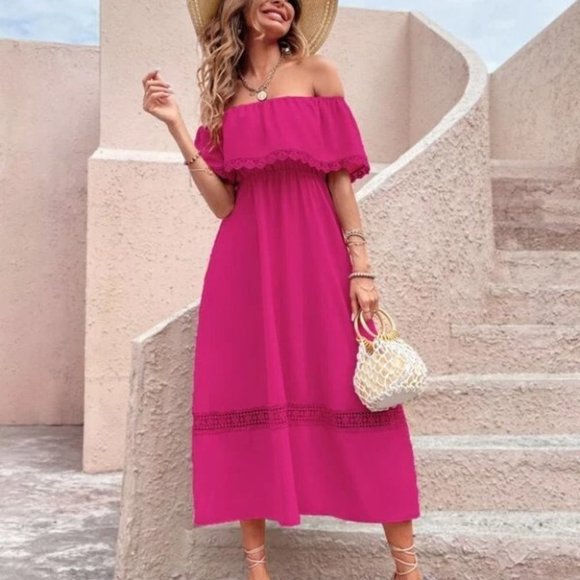 Hot Pink Off Shoulder Midi Dress - Picture 4 of 6